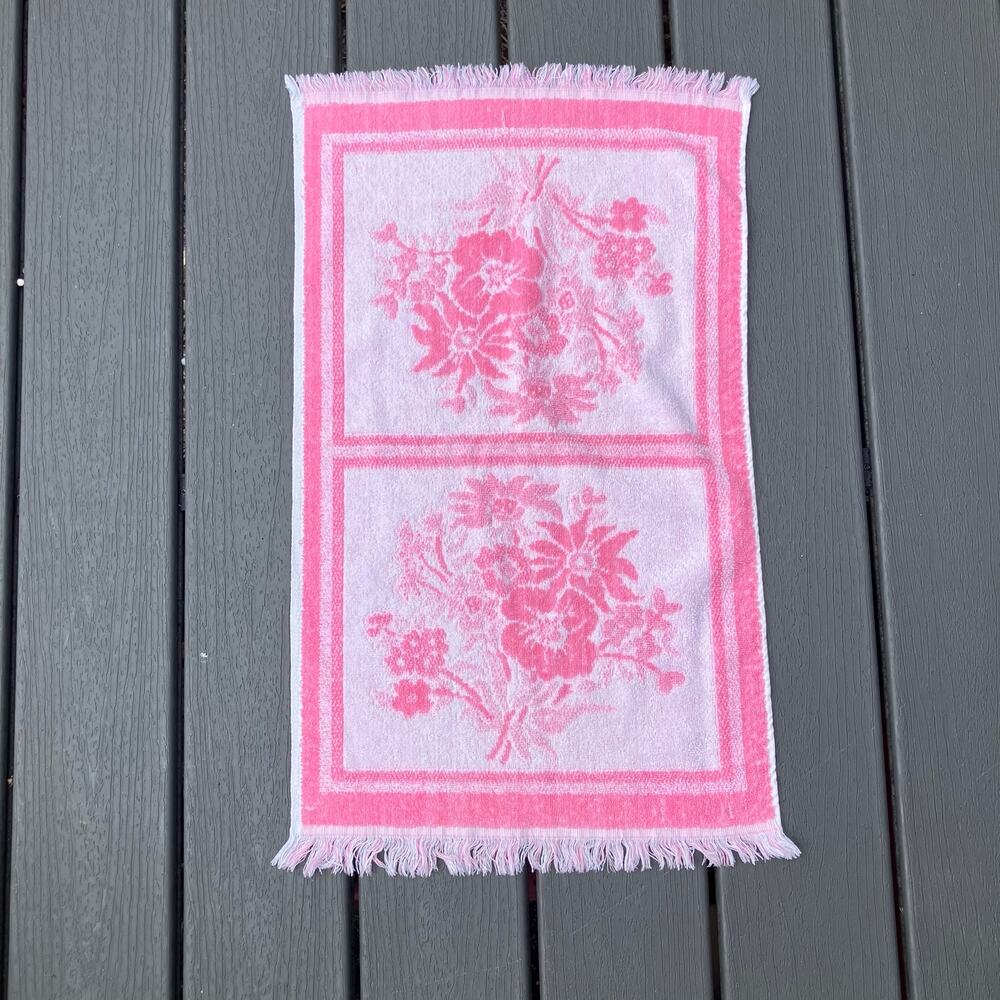 Vintage pink and white floral handtowel with fringe, girly coquette